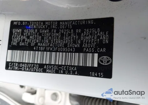 2015 Toyota Camry Se from USA, damaged, VIN 4T1BF1FK3FU095043
